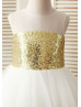 Sheer Neck Gold Sequin Ivory Tulle Ruffled Slit Back Flower Girl Dress